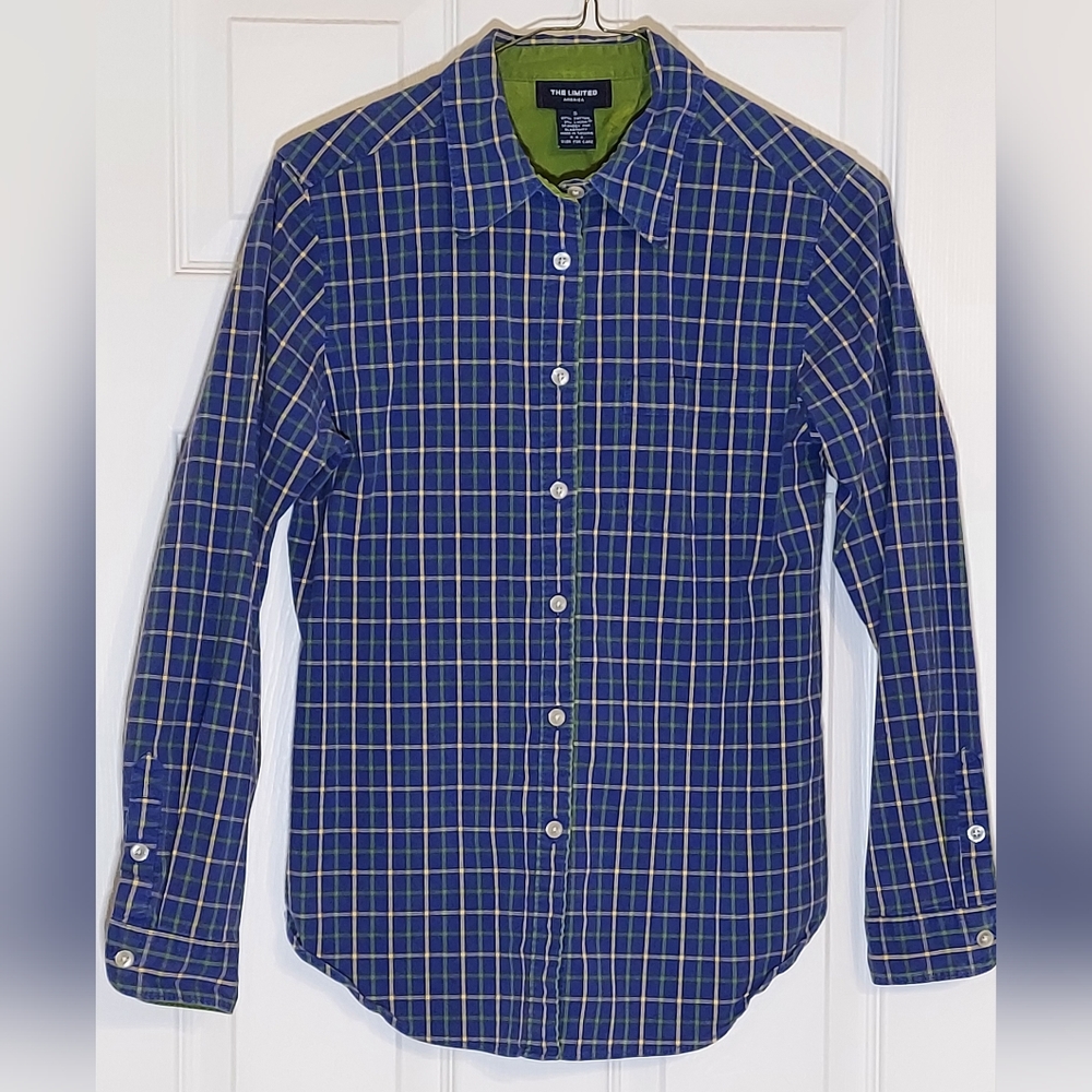 The Limited Vintage 1990s Royal Blue Window Pane Blouse, Size Small.